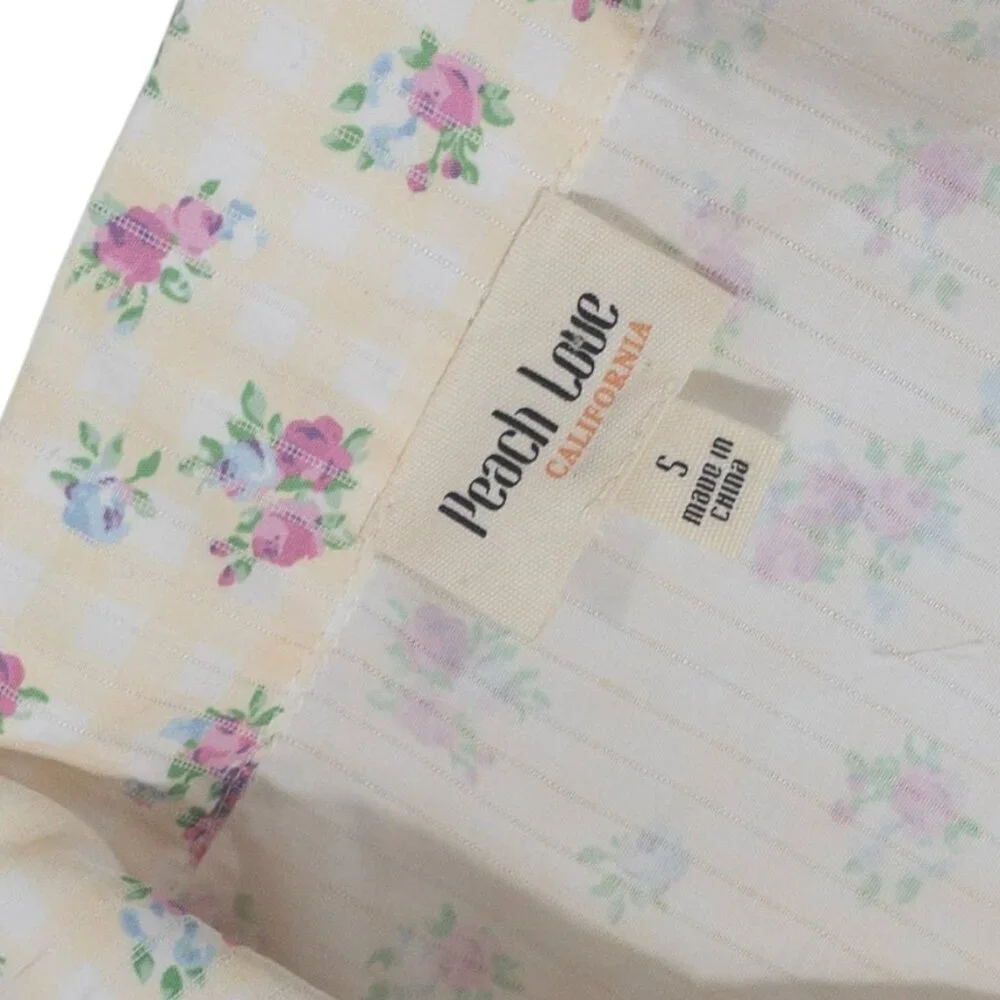 Cottage Core Peach Love Yellow and White Gingham Floral Top SZ S Puff Sleeve - Picture 4 of 13